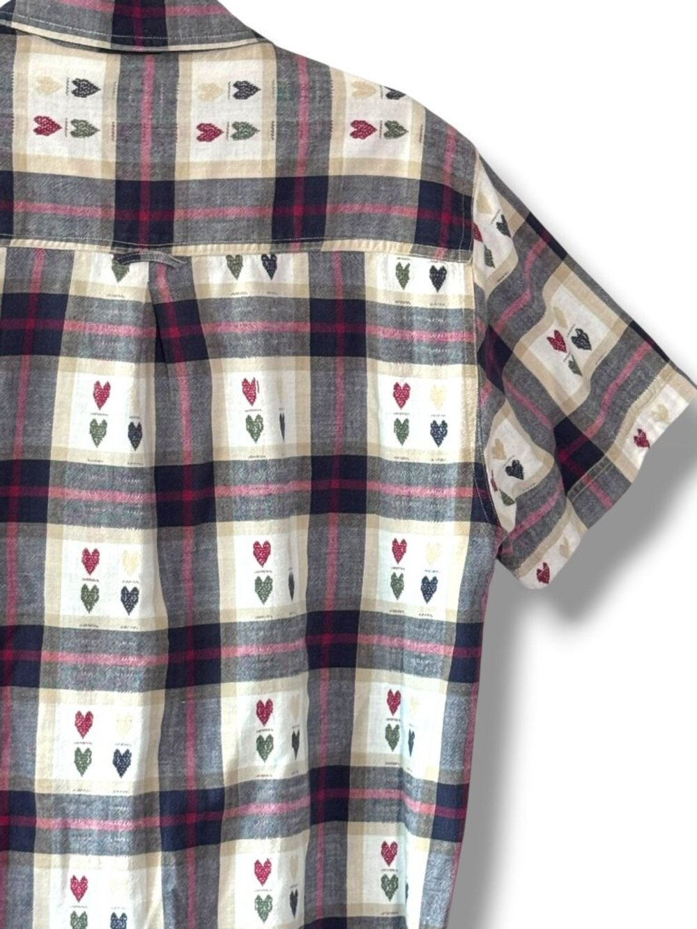 Vintage 80s Plaid Woven Hearts Cotton Short Sleeve Shirt Button Front - M - Picture 14 of 14